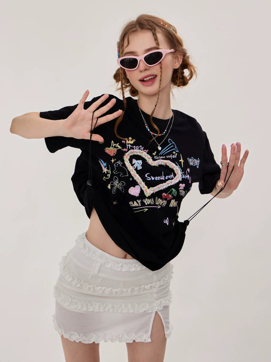 ziziFei summer loose design American retro drawstring top round neck three-dimensional love printed short-sleeved T-shirt for women