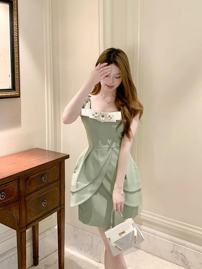 FanyFloss French sparkling diamond bow waist party dress summer design and temperament nail diamond suspender skirt