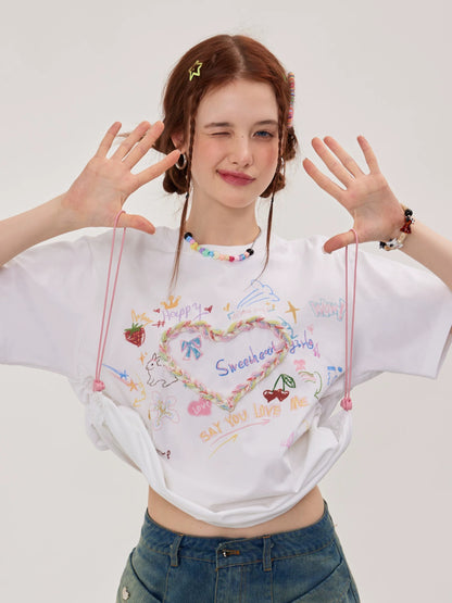 ziziFei summer loose design American retro drawstring top round neck three-dimensional love printed short-sleeved T-shirt for women