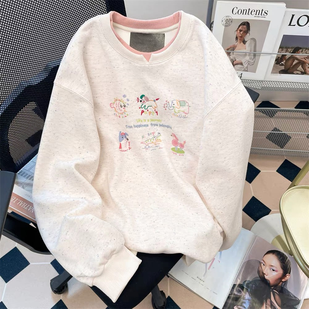 Japanese style age-reducing fake two-piece splicing sweatshirt for women with plush and thick embroidery cartoon cute inner wear without hood top