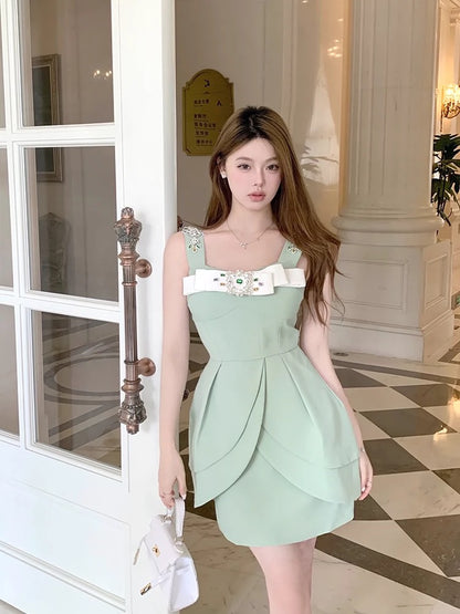 FanyFloss French sparkling diamond bow waist party dress summer design and temperament nail diamond suspender skirt