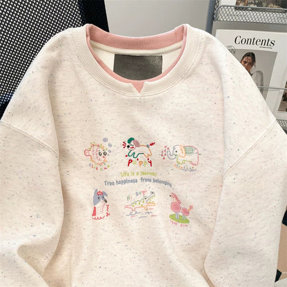 Japanese style age-reducing fake two-piece splicing sweatshirt for women with plush and thick embroidery cartoon cute inner wear without hood top