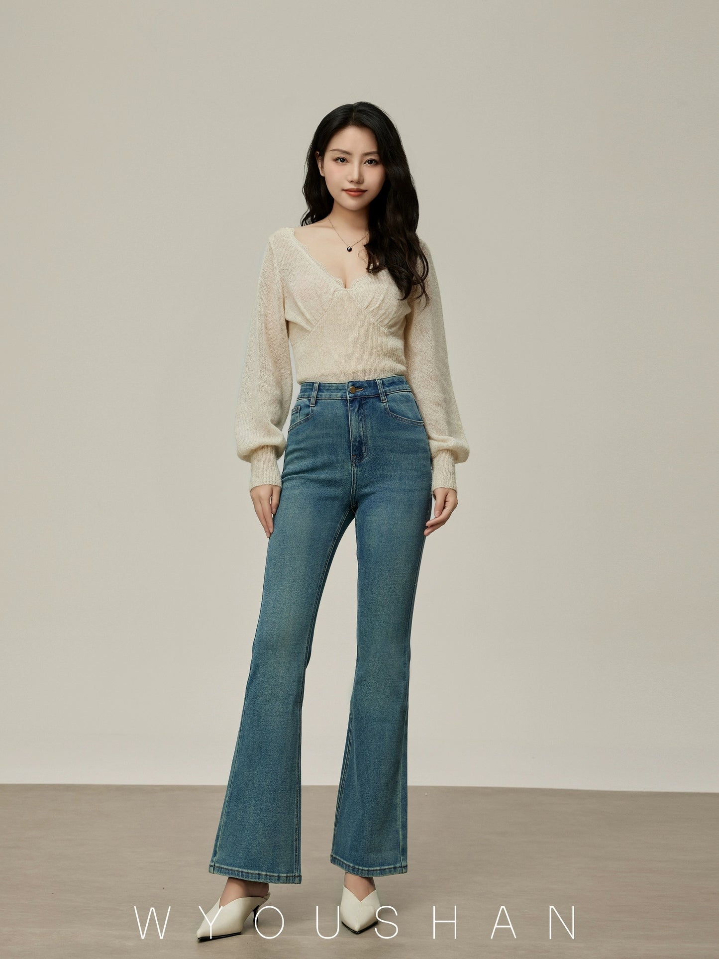 9100 Wang Youshan micro-flared jeans women's high waist new summer 2024 slim flared pants for small people