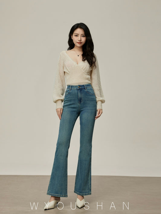 9100 Wang Youshan micro-flared jeans women's high waist new summer 2024 slim flared pants for small people