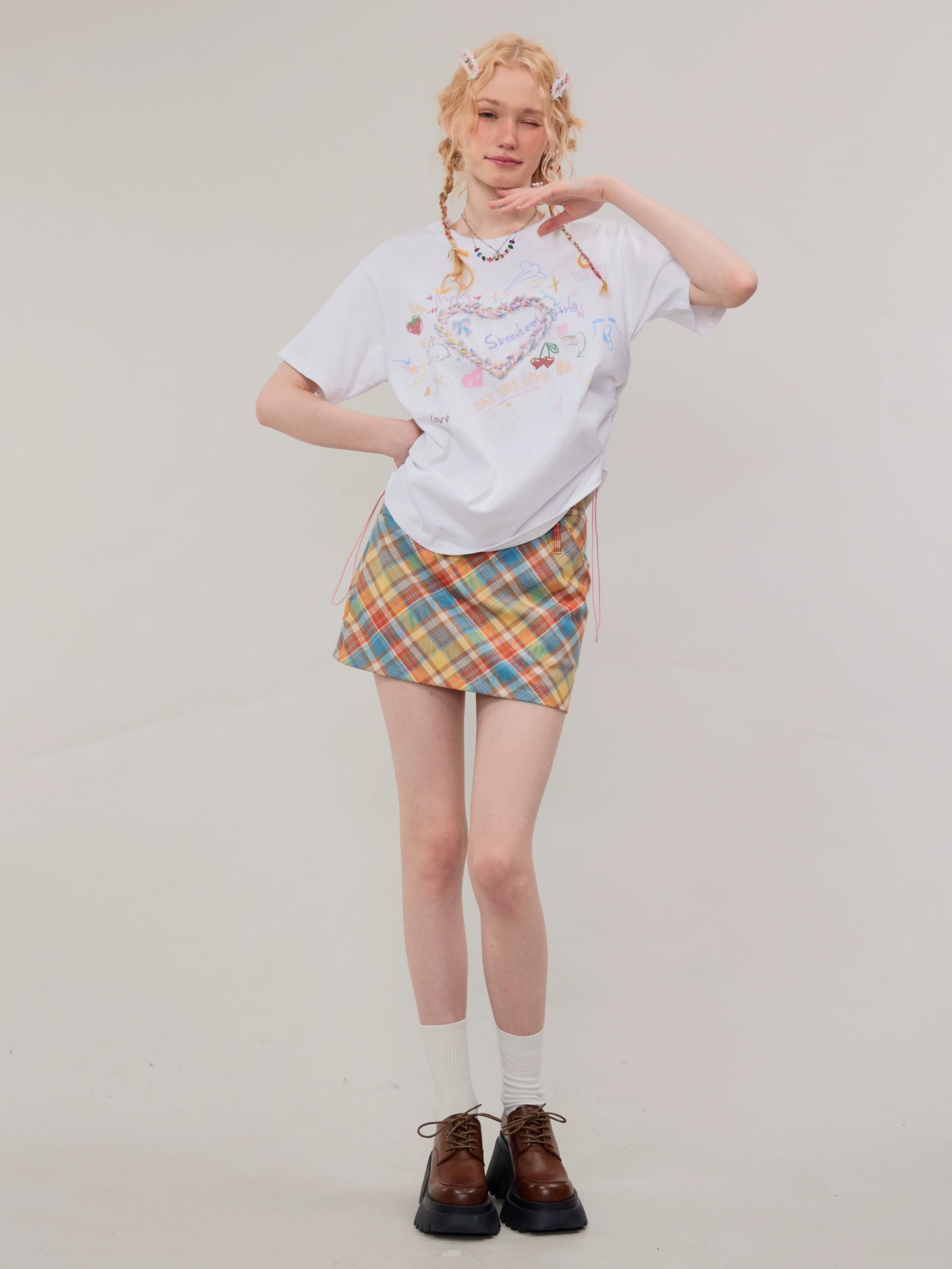 ziziFei summer loose design American retro drawstring top round neck three-dimensional love printed short-sleeved T-shirt for women