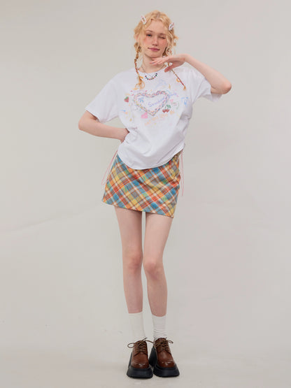 ziziFei summer loose design American retro drawstring top round neck three-dimensional love printed short-sleeved T-shirt for women