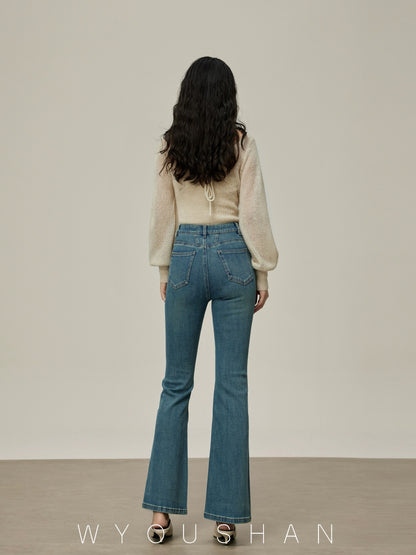 9100 Wang Youshan micro-flared jeans women's high waist new summer 2024 slim flared pants for small people
