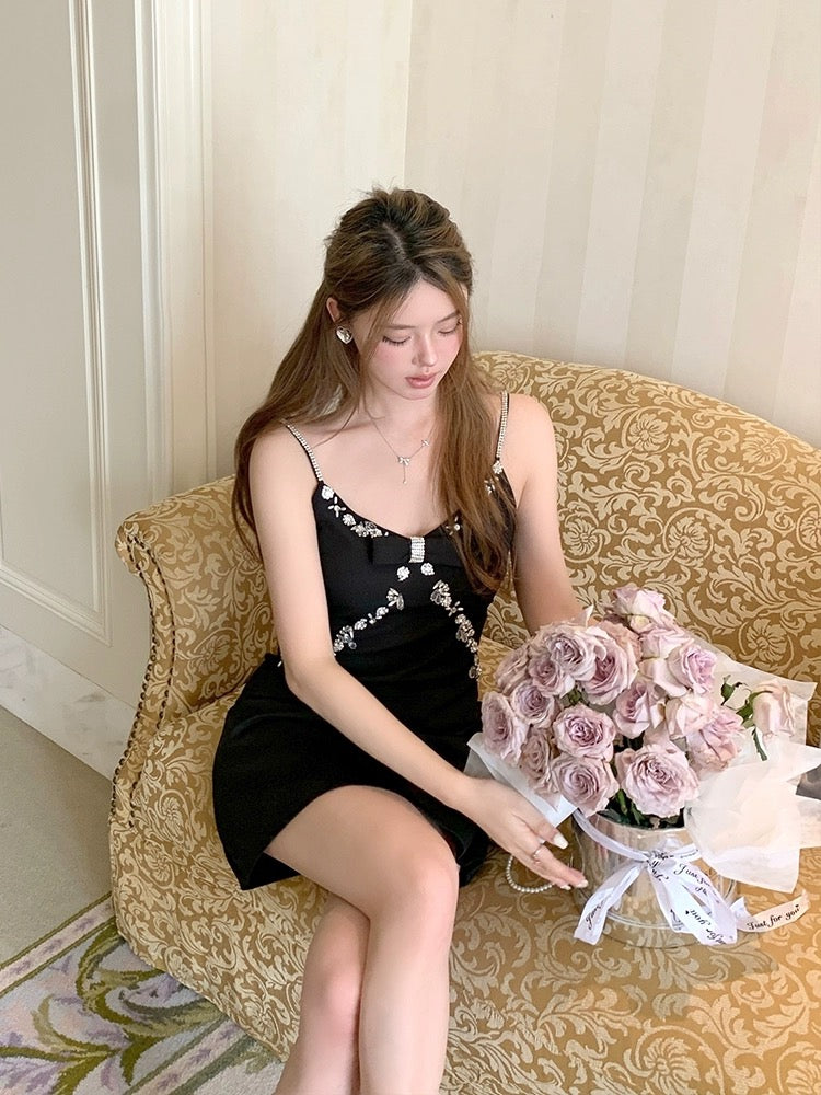 FanyFloss celebrity black studded diamond waist bow dress summer high-end party sparkling diamond suspender skirt