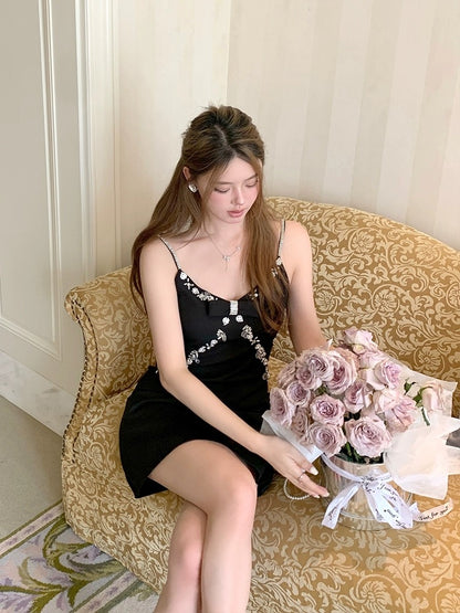 FanyFloss celebrity black studded diamond waist bow dress summer high-end party sparkling diamond suspender skirt