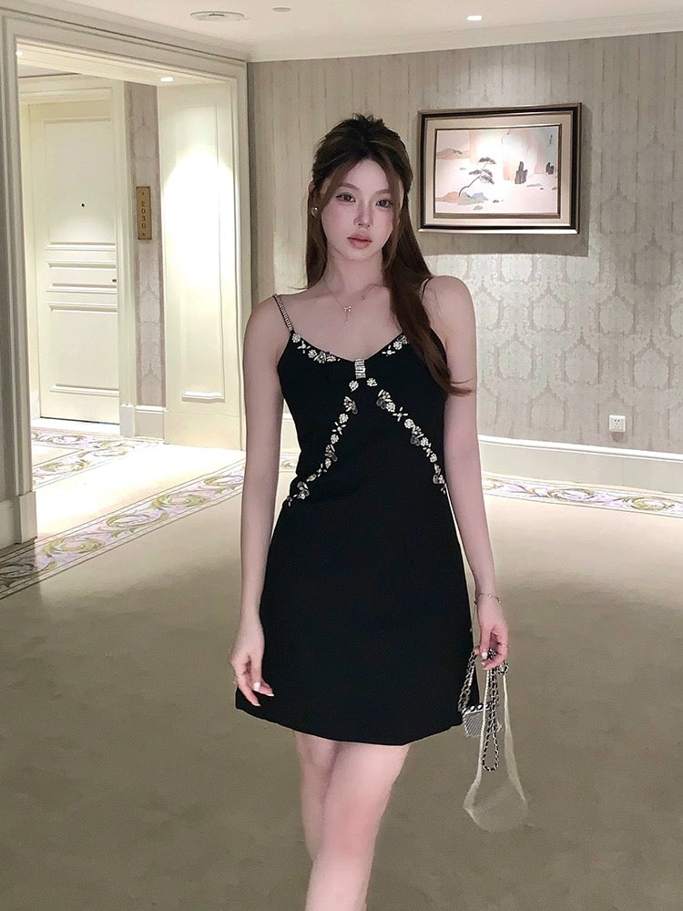 FanyFloss celebrity black studded diamond waist bow dress summer high-end party sparkling diamond suspender skirt