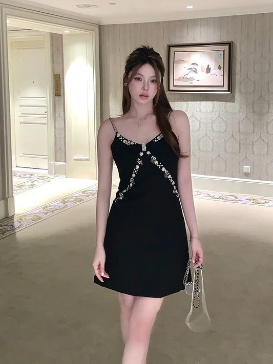 FanyFloss celebrity black studded diamond waist bow dress summer high-end party sparkling diamond suspender skirt