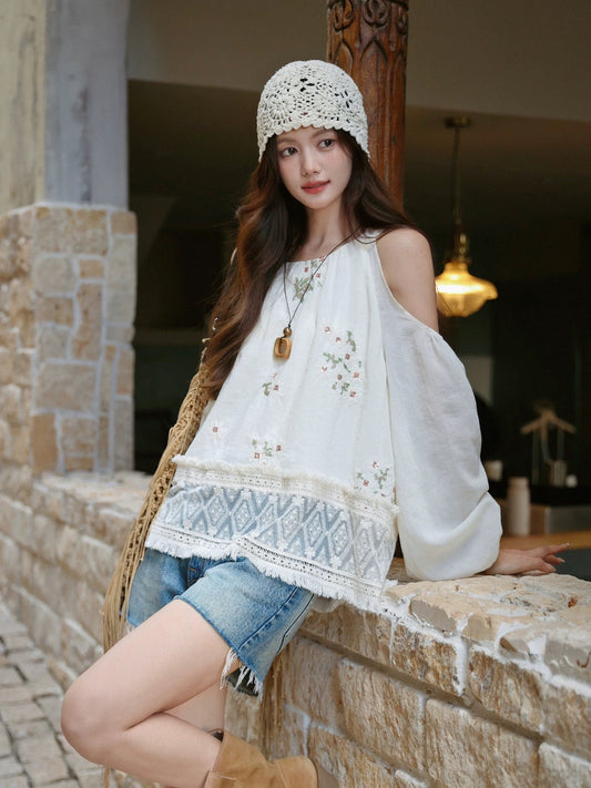 The plums are ripe. South France holiday style atmosphere embroidered shoulder-cut tops for women in summer ethnic style hollow lace shirts