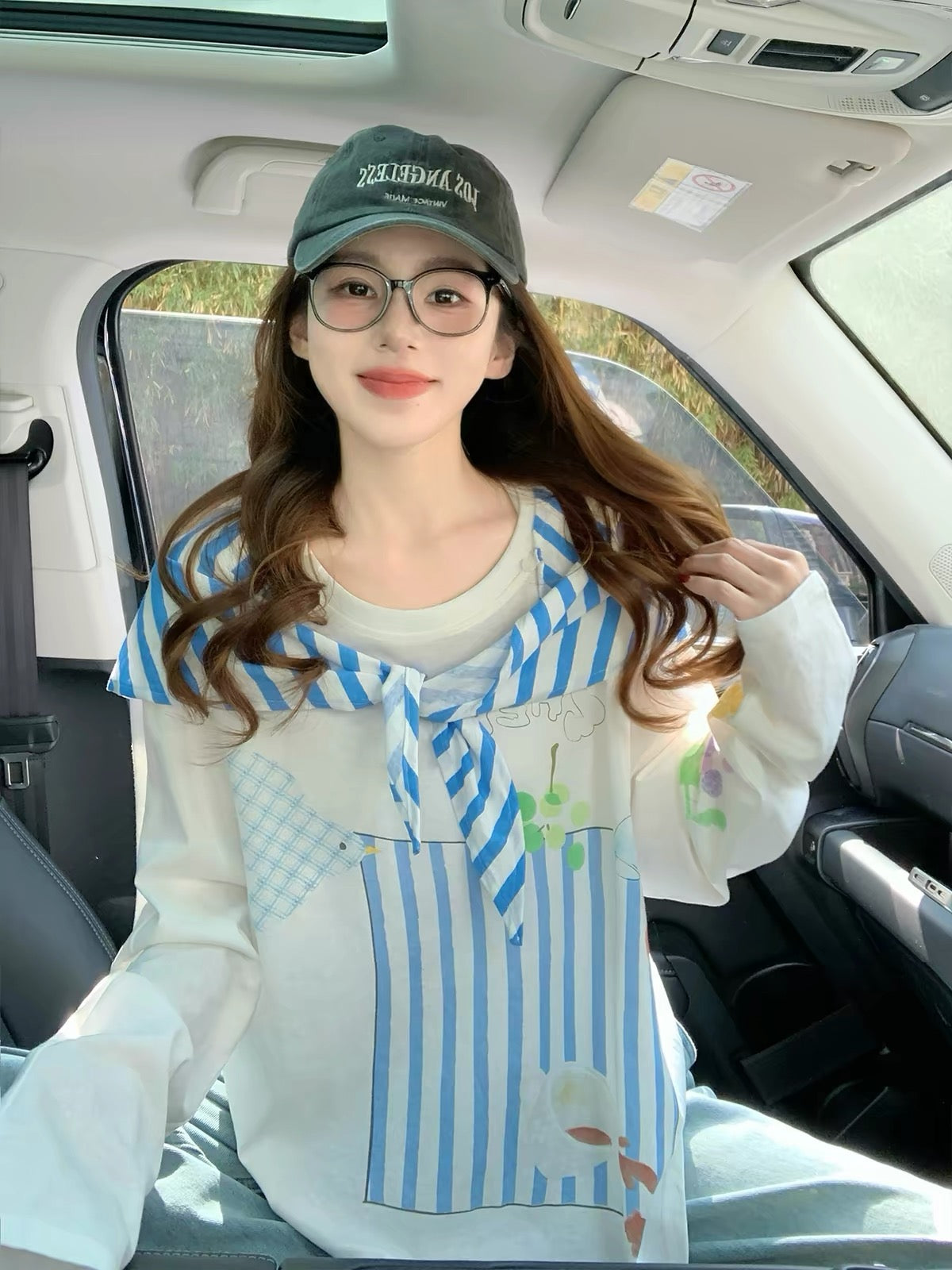 Women's White Long-Sleeve T-Shirt with Faux-Layered Shawl Detail – New for Autumn 2026: Lightweight, Loose-Fit, Relaxed-Style Top with Unique Print
