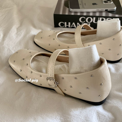 Ballet Girl ~ Evening Breeze One-Strap Flat Ballet Shoes Square Toe Early Spring Height-Increasing Women's Shoes