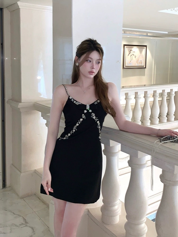 FanyFloss celebrity black studded diamond waist bow dress summer high-end party sparkling diamond suspender skirt
