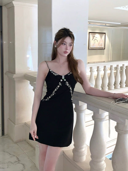FanyFloss celebrity black studded diamond waist bow dress summer high-end party sparkling diamond suspender skirt