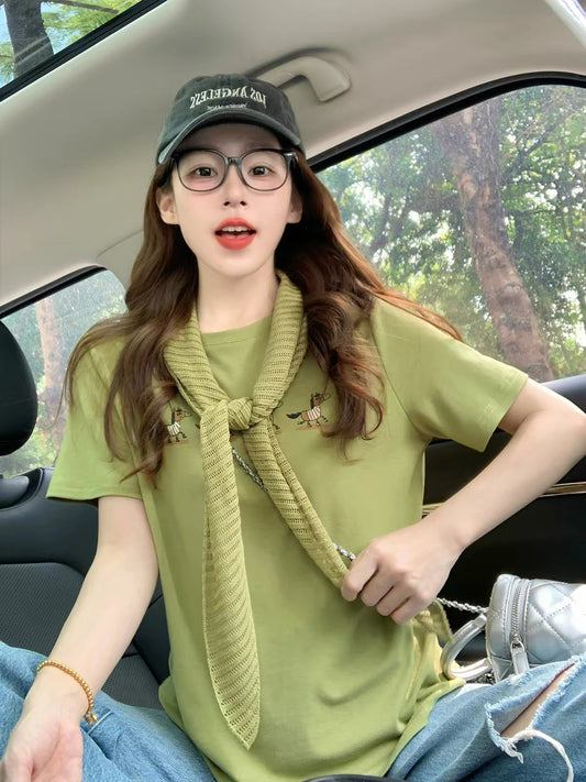 Women's Summer 2026 New Arrival: Green Short-Sleeved T-Shirt with Matching Shrug – Retro Preppy Style, Loose Fit, Petite-Friendly Top