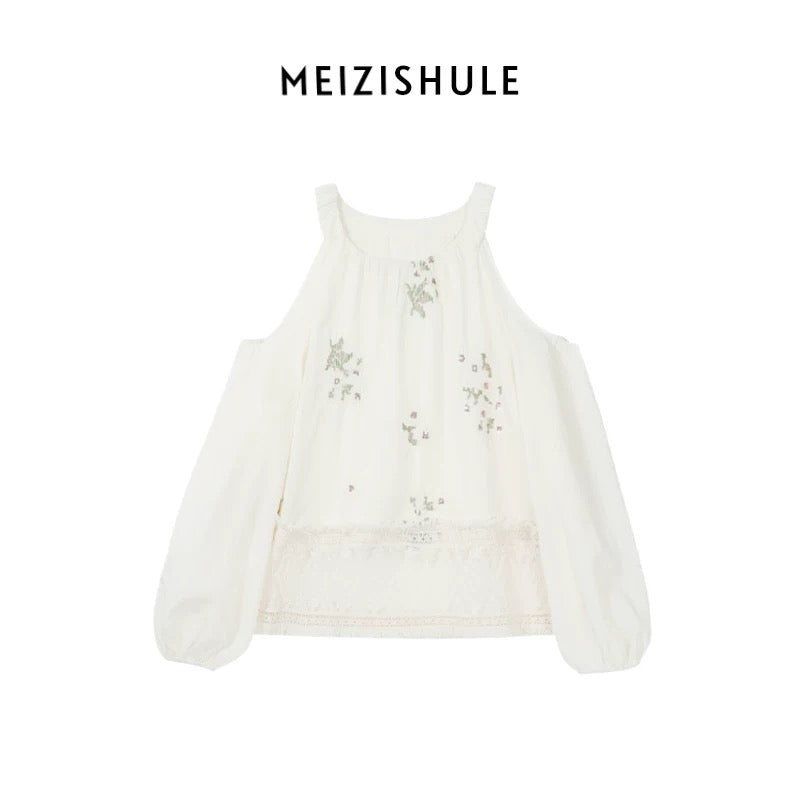 The plums are ripe. South France holiday style atmosphere embroidered shoulder-cut tops for women in summer ethnic style hollow lace shirts