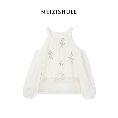 The plums are ripe. South France holiday style atmosphere embroidered shoulder-cut tops for women in summer ethnic style hollow lace shirts