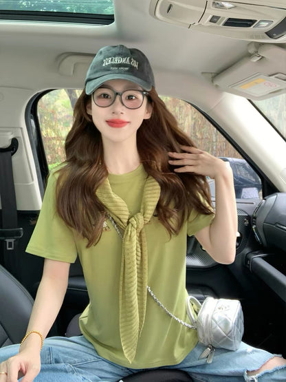 Women's Summer 2026 New Arrival: Green Short-Sleeved T-Shirt with Matching Shrug – Retro Preppy Style, Loose Fit, Petite-Friendly Top