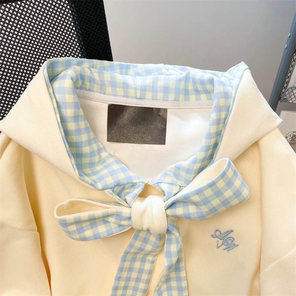 Korean style high-end tie bow plaid sweatshirt for women in early spring and autumn unique beautiful and stylish hooded jacket top