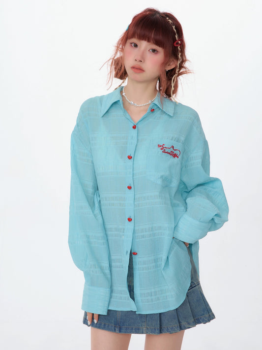 ziziFei spring and summer American retro mid-length loose thin top semi-transparent long-sleeved sun protection shirt jacket for women