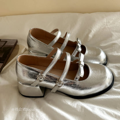 Social Pig high-heeled silver Mary Jane shoes for women, perfect for spring, autumn, and summer, paired with JK skirts.