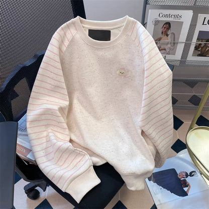 Milk fufu color dot striped raglan sleeve embroidered sweatshirt female autumn Hong Kong style cute age-reducing petite lazy top