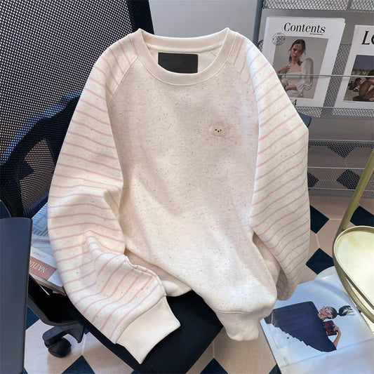 Milk fufu color dot striped raglan sleeve embroidered sweatshirt female autumn Hong Kong style cute age-reducing petite lazy top