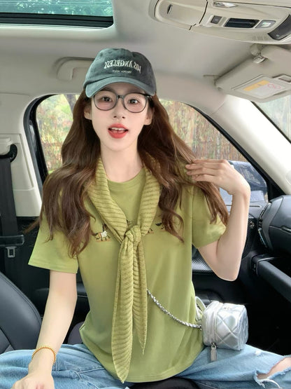 Women's Summer 2026 New Arrival: Green Short-Sleeved T-Shirt with Matching Shrug – Retro Preppy Style, Loose Fit, Petite-Friendly Top