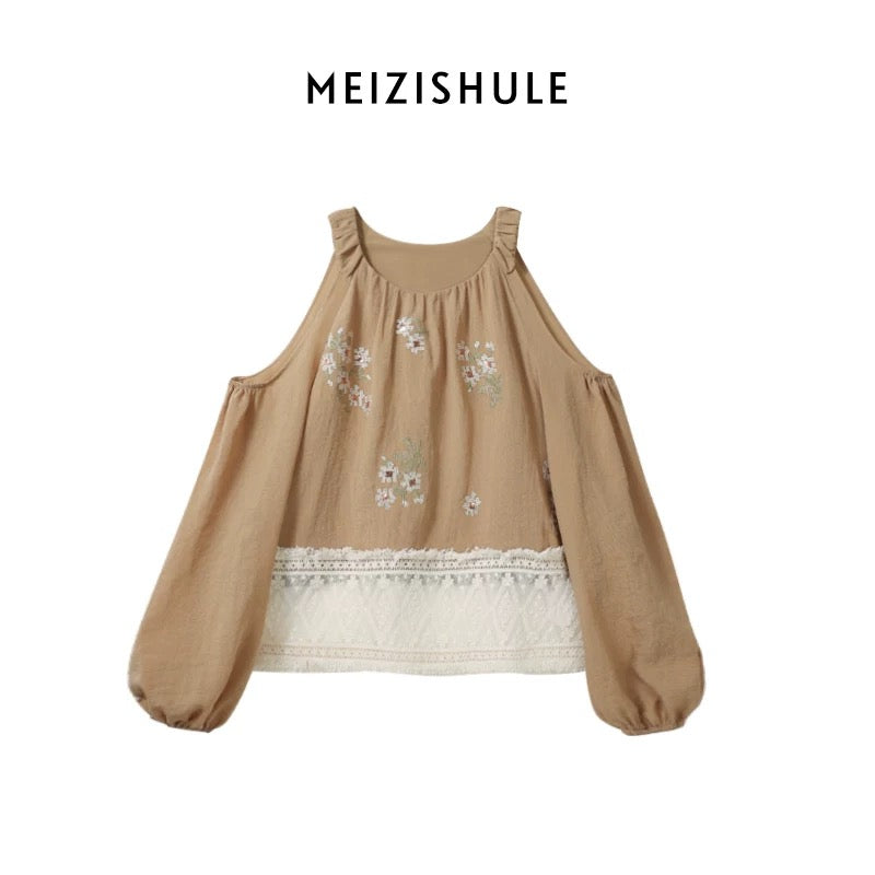The plums are ripe. South France holiday style atmosphere embroidered shoulder-cut tops for women in summer ethnic style hollow lace shirts