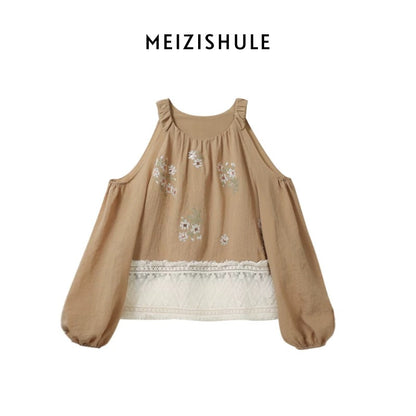 The plums are ripe. South France holiday style atmosphere embroidered shoulder-cut tops for women in summer ethnic style hollow lace shirts