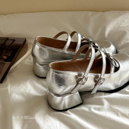 Social Pig high-heeled silver Mary Jane shoes for women, perfect for spring, autumn, and summer, paired with JK skirts.