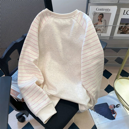 Milk fufu color dot striped raglan sleeve embroidered sweatshirt female autumn Hong Kong style cute age-reducing petite lazy top
