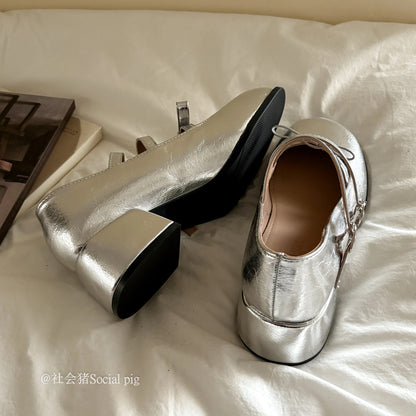 Social Pig high-heeled silver Mary Jane shoes for women, perfect for spring, autumn, and summer, paired with JK skirts.