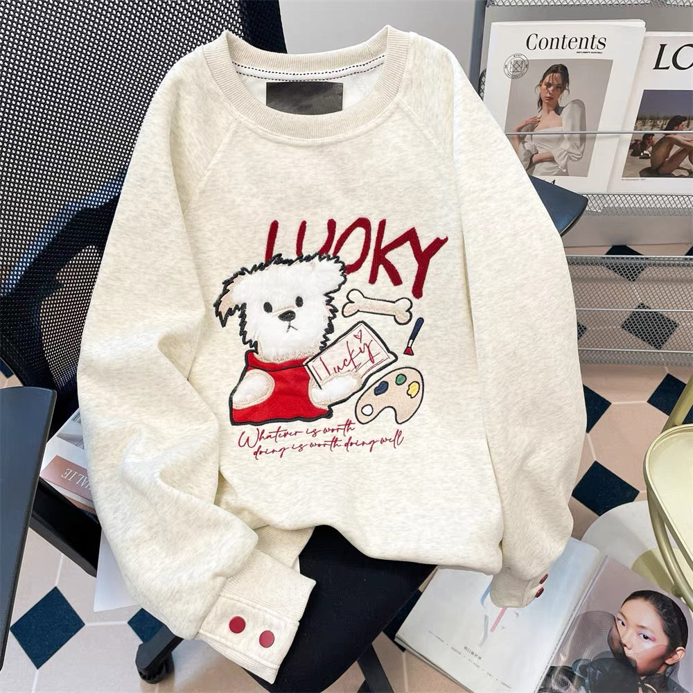 American college style embroidered dog hooded sweatshirt for women autumn and winter all-match lazy style plus velvet thickened pullover top