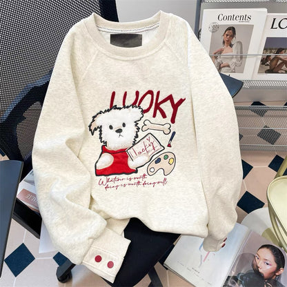 American college style embroidered dog hooded sweatshirt for women autumn and winter all-match lazy style plus velvet thickened pullover top