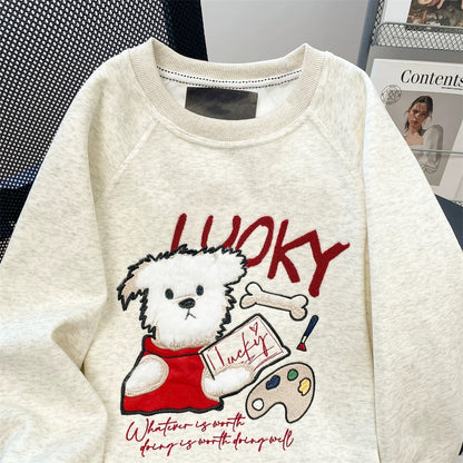 American college style embroidered dog hooded sweatshirt for women autumn and winter all-match lazy style plus velvet thickened pullover top