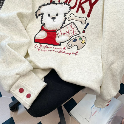 American college style embroidered dog hooded sweatshirt for women autumn and winter all-match lazy style plus velvet thickened pullover top