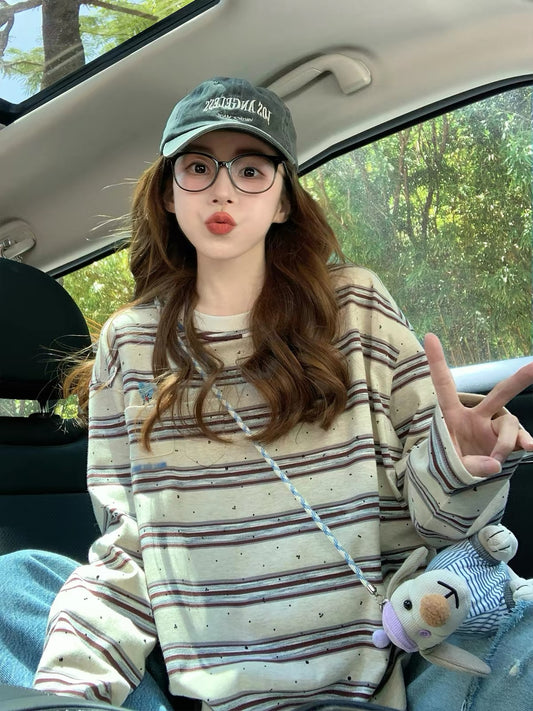 Women's Long-Sleeve Striped T-Shirt with Premium Rhinestone Embellishment – New for Autumn 2026: American-Style, Relaxed, Effortlessly Chic Design