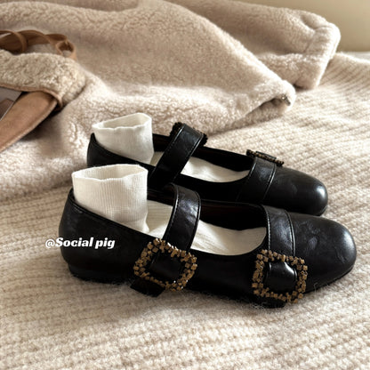 Social Pig Round Toe Retro French Flat Low Mouth Versatile Mary Jane Women's Shoes Leather Jacket Shoes