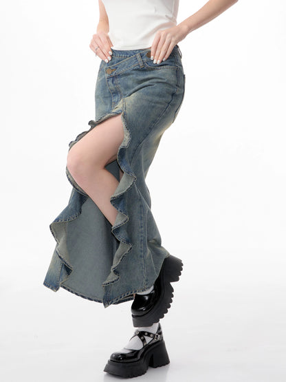 ziziFei summer American retro high-waist slim mid-length slit denim fishtail skirt for women (live broadcast