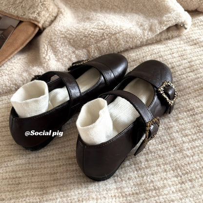Social Pig Round Toe Retro French Flat Low Mouth Versatile Mary Jane Women's Shoes Leather Jacket Shoes