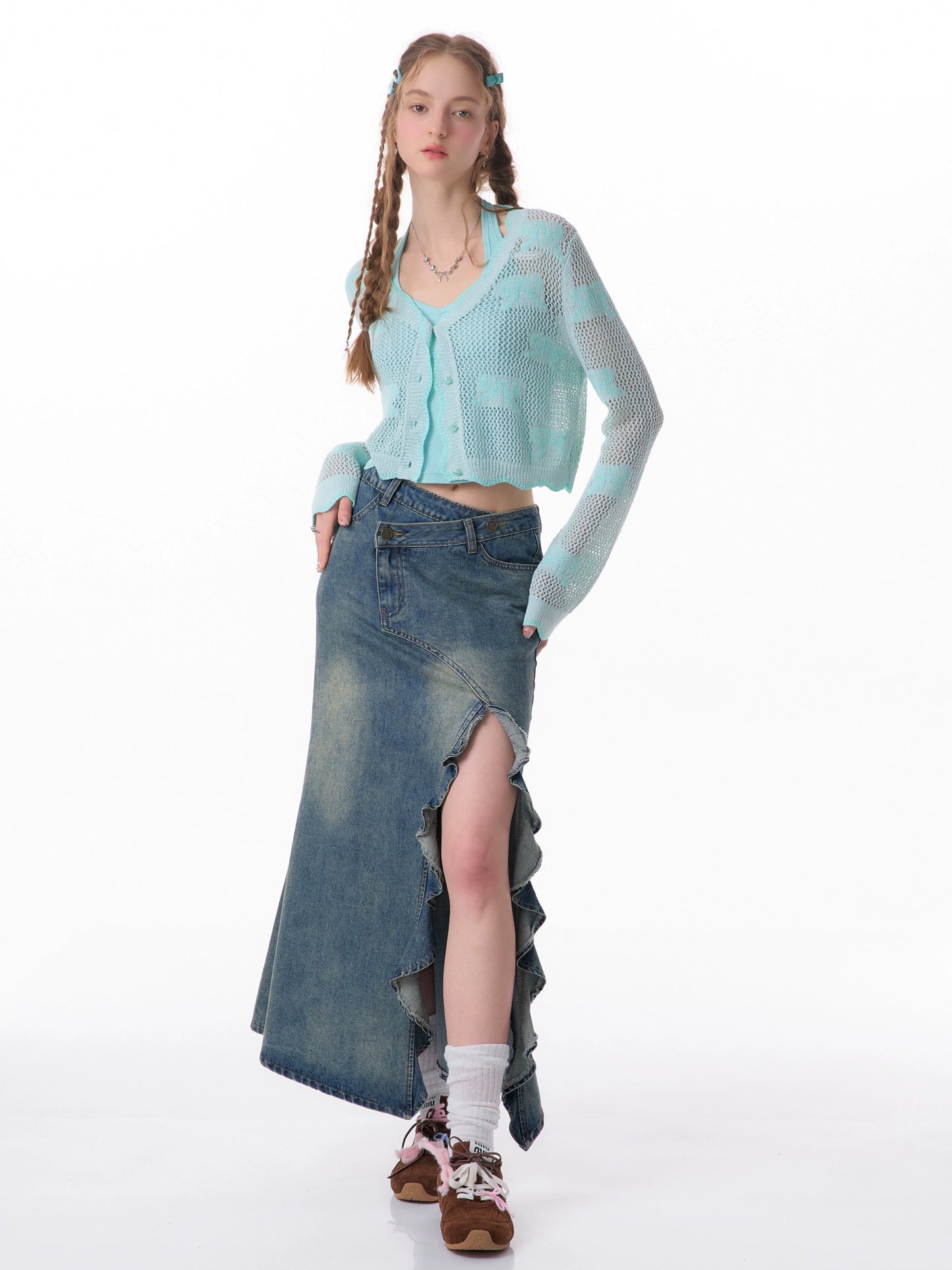 ziziFei summer American retro high-waist slim mid-length slit denim fishtail skirt for women (live broadcast