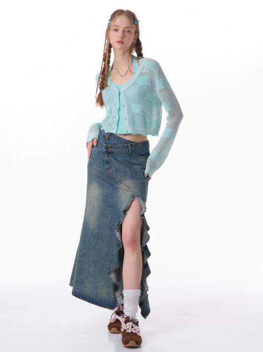 ziziFei summer American retro high-waist slim mid-length slit denim fishtail skirt for women (live broadcast