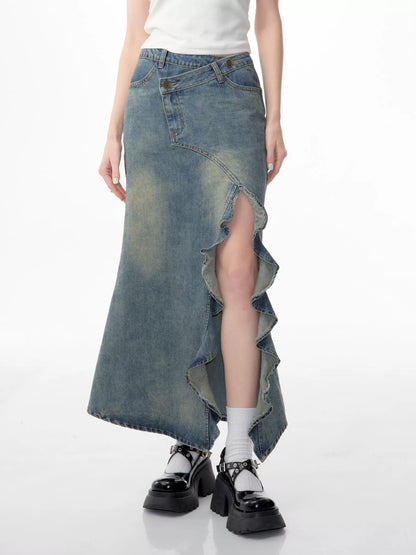 ziziFei summer American retro high-waist slim mid-length slit denim fishtail skirt for women (live broadcast