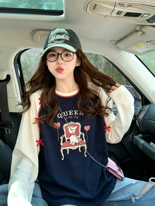 Women's Sweet Color-Block Raglan Long-Sleeve T-Shirt – New Autumn 2026 Collection: Loose, Slimming, Laid-Back Style Base Layer / Top (Trendy "Insta-Style")
