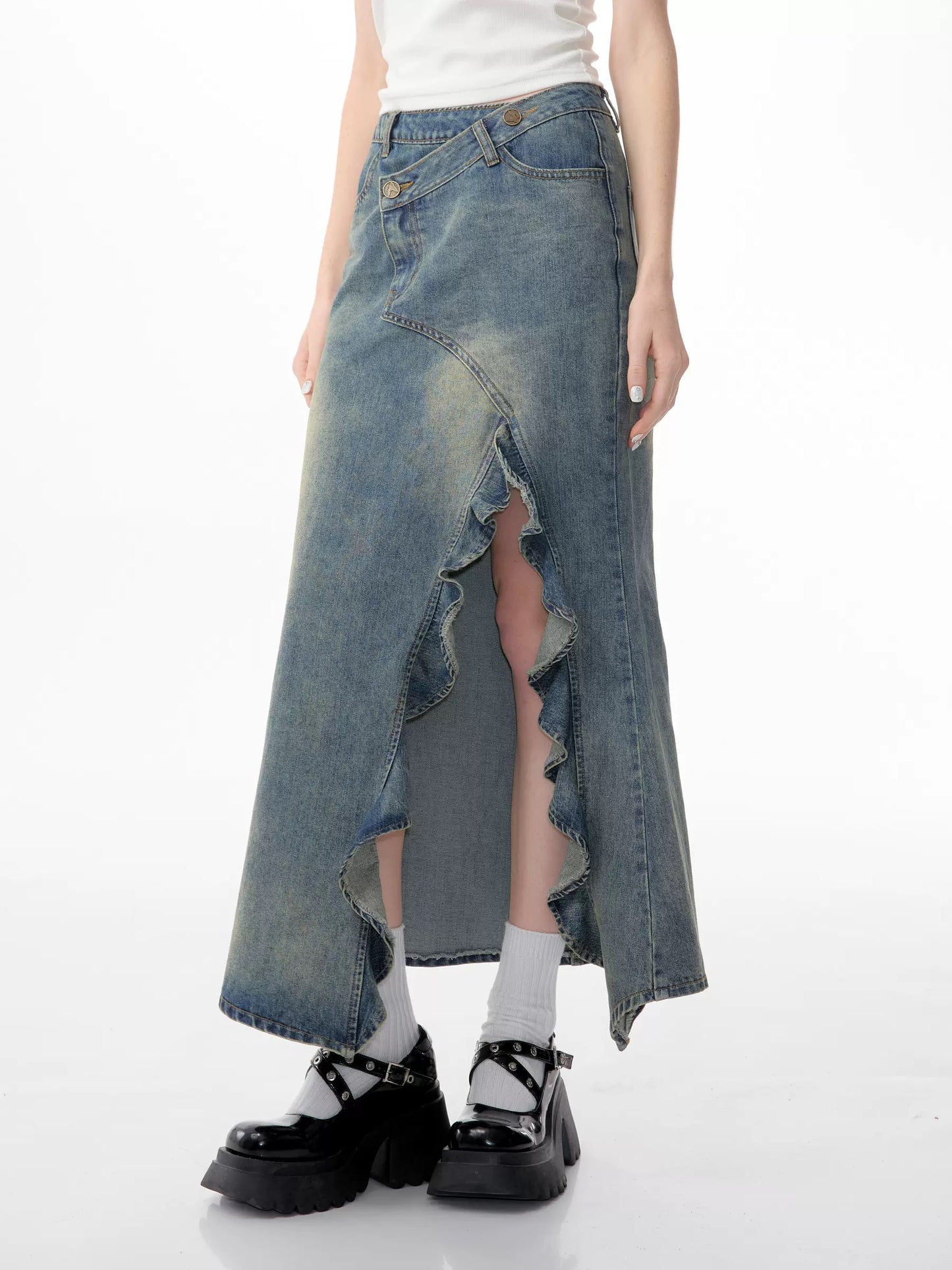 ziziFei summer American retro high-waist slim mid-length slit denim fishtail skirt for women (live broadcast