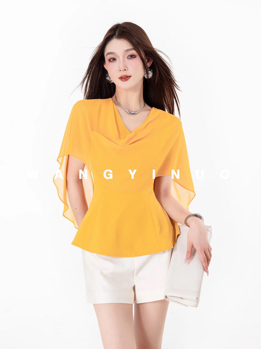 MD Yinuo [Summer Continuous] 2025 Summer New Tea Break Style Western French Slimming All-match Light Luxury Tops