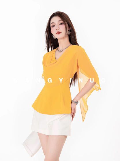 MD Yinuo [Summer Continuous] 2025 Summer New Tea Break Style Western French Slimming All-match Light Luxury Tops